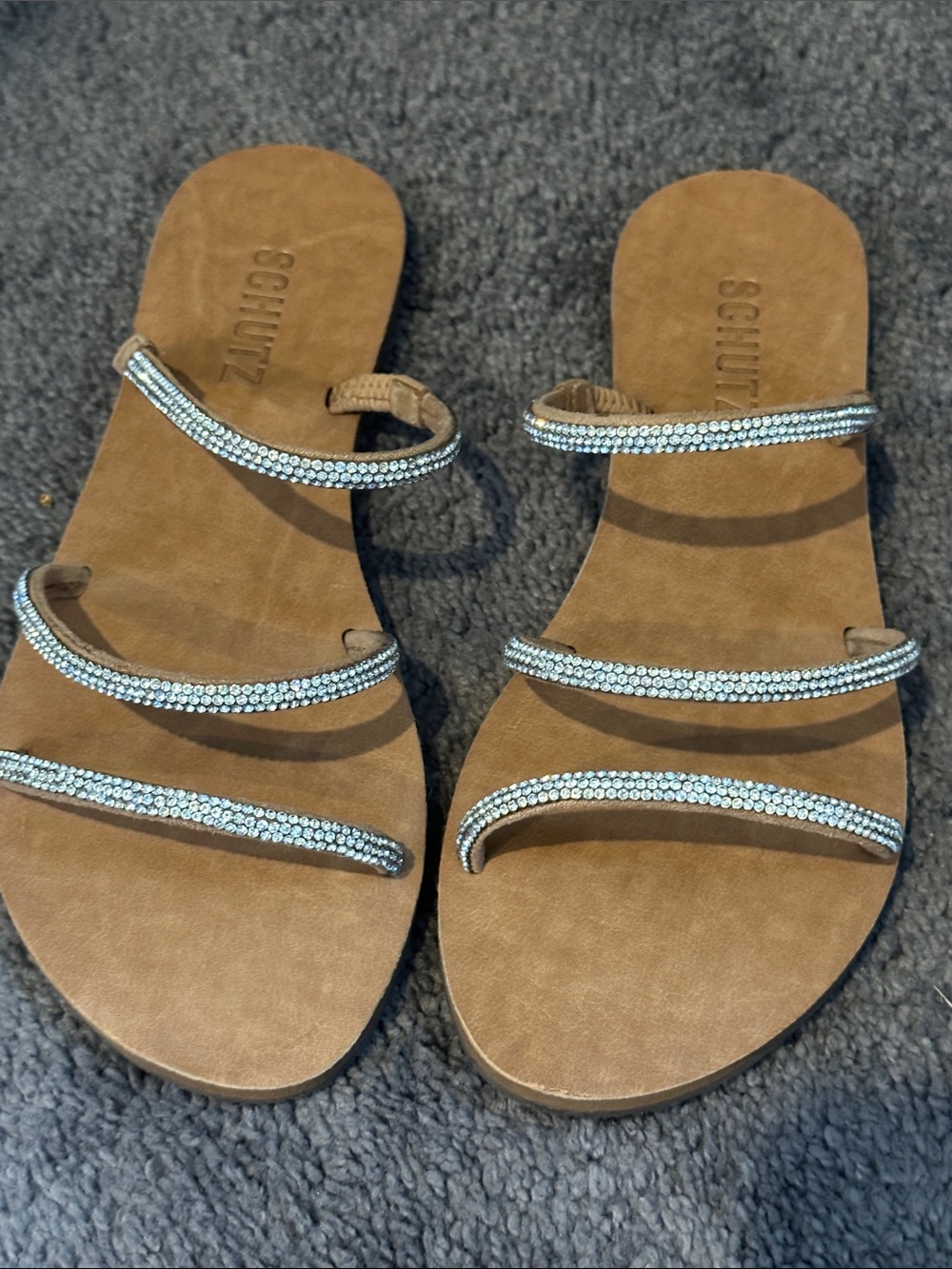 SCHUTZ Tan Slide Sandals with Sparkling Crystal Straps